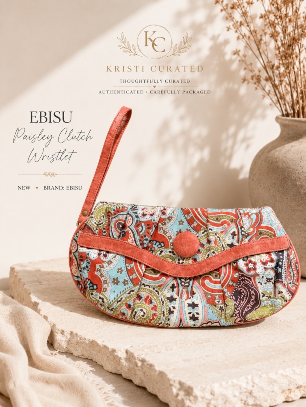 EBISU Paisley Clutch Wristlet Coral Aqua Boho Envelope Bag New